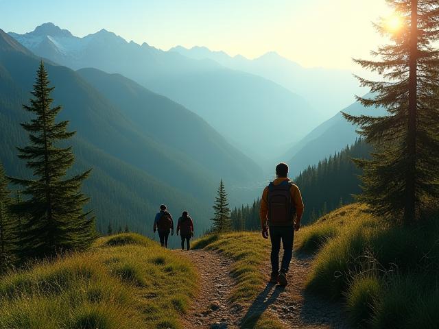 A scenic mountain and forest landscape with travelers exploring nature representing the journey of Dalnite Travels