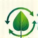 Icon representing sustainability - green leaf with circular arrows