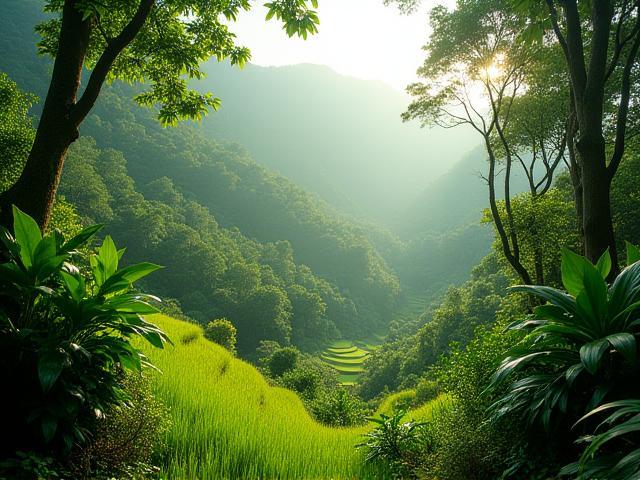 Lush jungle and rice terraces in Bali with bright sunlight filtering through trees