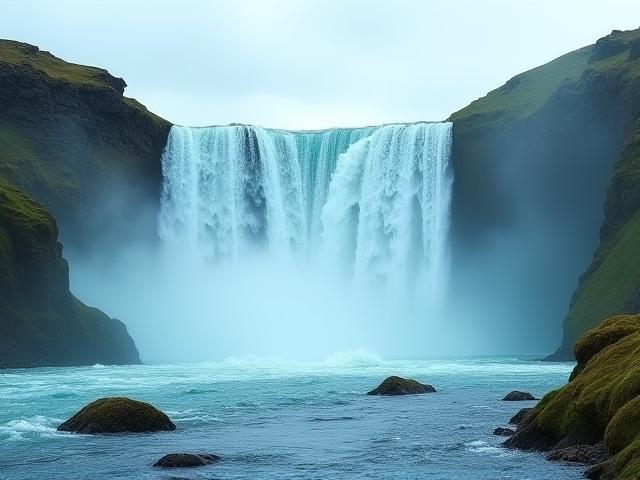 Powerful waterfall surrounded by rugged cliffs and moss in Iceland