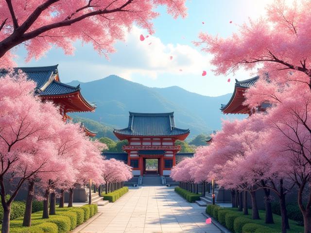 Historic temples of Kyoto under cherry blossoms in spring