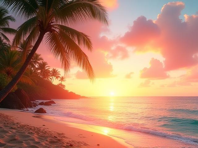 Sunset over tropical beach in Maui with palm trees and calm ocean