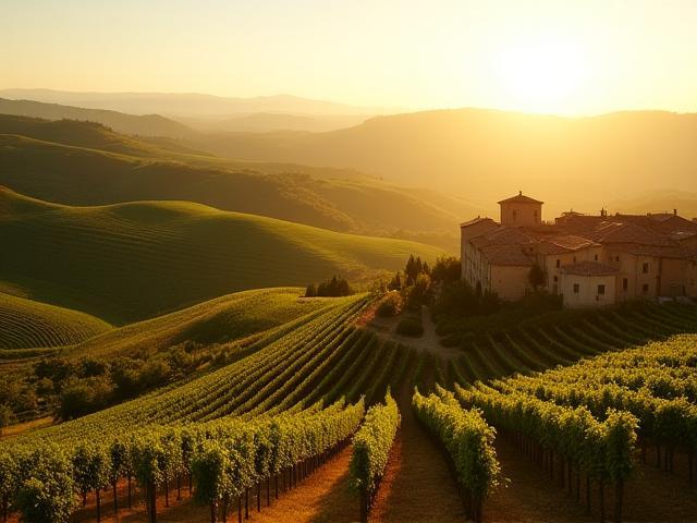 Rolling vineyards and rustic villas in Tuscany during golden hour