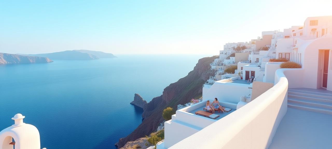 View of the iconic white Santorini cliffs with deep blue Aegean Sea