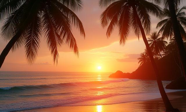Sunset view of a serene Bali beach with palm trees and golden sky