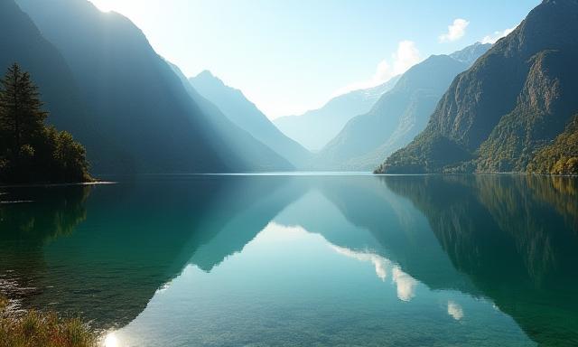 Pristine lakeside landscape surrounded by mountains in New Zealand