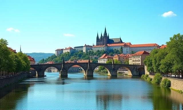 Historic cityscape of Prague with Charles Bridge and Prague Castle under summer sunshine