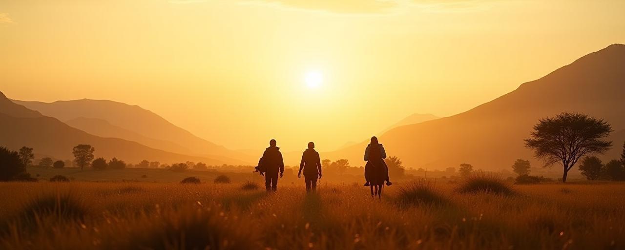 Wide scenic vista of travelers exploring diverse landscapes under a soft golden overlay