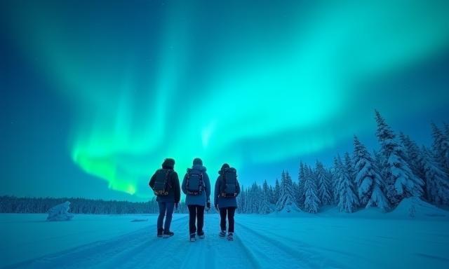 Snow-covered arctic landscape with adventurous travelers witnessing northern lights