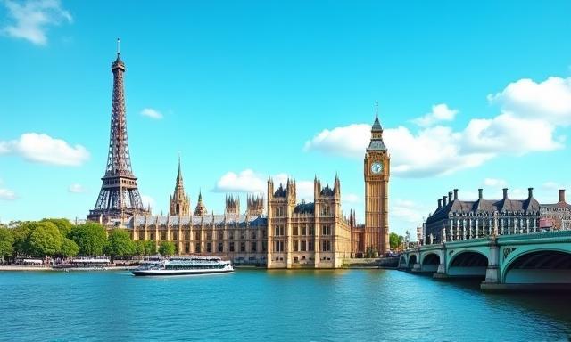Scenic shot of iconic European landmarks including Eiffel Tower and Big Ben