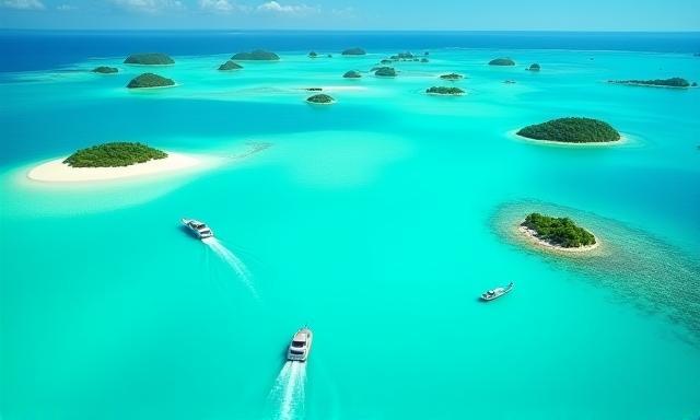 Turquoise water view with multiple tropical islands and boats gently sailing